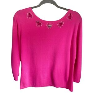 Vintage Joseph A Pink Heart Cutout Rhinestone Knit Top 3/4 Sleeve Scoop Neck‎ L